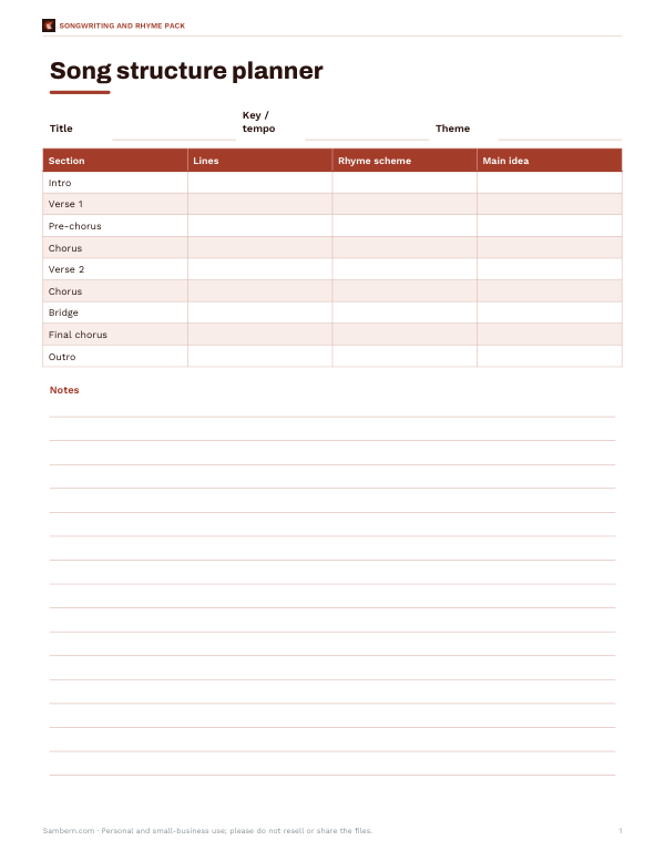 Preview of Printable Song Structure Planner